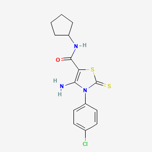 molecular formula C15H16ClN3OS2 B2966117 4-amino-3-(4-chlorophenyl)-N-cyclopentyl-2-thioxo-2,3-dihydrothiazole-5-carboxamide CAS No. 946370-72-5