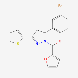 molecular formula C18H13BrN2O2S B2966140 9-bromo-5-(furan-2-yl)-2-(thiophen-2-yl)-5,10b-dihydro-1H-benzo[e]pyrazolo[1,5-c][1,3]oxazine CAS No. 899746-24-8