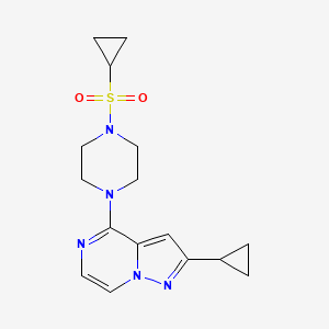 molecular formula C16H21N5O2S B2966191 2-Cyclopropyl-4-(4-cyclopropylsulfonylpiperazin-1-yl)pyrazolo[1,5-a]pyrazine CAS No. 2415524-03-5