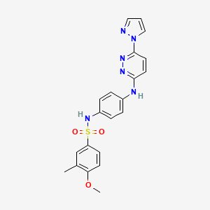 molecular formula C21H20N6O3S B2966208 N-(4-((6-(1H-pyrazol-1-yl)pyridazin-3-yl)amino)phenyl)-4-methoxy-3-methylbenzenesulfonamide CAS No. 1014026-78-8