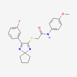 molecular formula C22H22FN3O2S B2966333 2-((3-(3-fluorophenyl)-1,4-diazaspiro[4.4]nona-1,3-dien-2-yl)thio)-N-(4-methoxyphenyl)acetamide CAS No. 899904-83-7