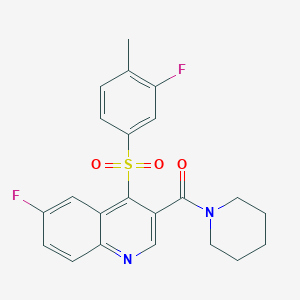 molecular formula C22H20F2N2O3S B2966348 6-Fluoro-4-[(3-fluoro-4-methylphenyl)sulfonyl]-3-(piperidin-1-ylcarbonyl)quinoline CAS No. 1111031-96-9