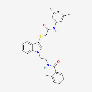 molecular formula C28H29N3O2S B2966384 N-(2-(3-((2-((3,5-dimethylphenyl)amino)-2-oxoethyl)thio)-1H-indol-1-yl)ethyl)-2-methylbenzamide CAS No. 532970-37-9