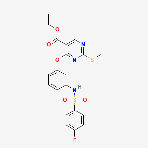 molecular formula C20H18FN3O5S2 B2966431 Ethyl 4-(3-{[(4-fluorophenyl)sulfonyl]amino}phenoxy)-2-(methylsulfanyl)-5-pyrimidinecarboxylate CAS No. 478065-33-7