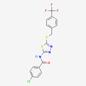 molecular formula C17H11ClF3N3OS2 B2966459 4-chloro-N-(5-((4-(trifluoromethyl)benzyl)thio)-1,3,4-thiadiazol-2-yl)benzamide CAS No. 392301-33-6