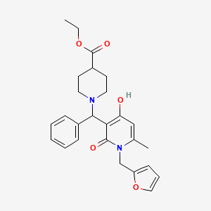 Ethyl 1-((1-(furan-2-ylmethyl)-4-hydroxy-6-methyl-2-oxo-1,2-dihydropyridin-3-yl)(phenyl)methyl)piperidine-4-carboxylate