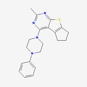 molecular formula C20H22N4S B2966513 10-Methyl-12-(4-phenylpiperazin-1-yl)-7-thia-9,11-diazatricyclo[6.4.0.0^{2,6}]dodeca-1(8),2(6),9,11-tetraene CAS No. 315694-54-3