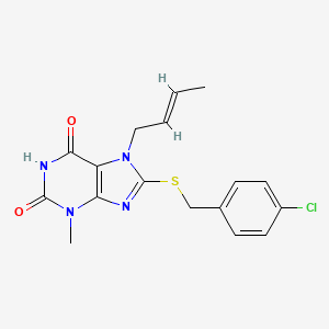 molecular formula C17H17ClN4O2S B2966551 7-[(E)-but-2-enyl]-8-[(4-chlorophenyl)methylsulfanyl]-3-methylpurine-2,6-dione CAS No. 1164542-33-9
