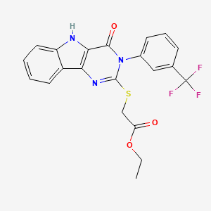molecular formula C21H16F3N3O3S B2966649 ethyl 2-[[4-oxo-3-[3-(trifluoromethyl)phenyl]-5H-pyrimido[5,4-b]indol-2-yl]sulfanyl]acetate CAS No. 536716-44-6