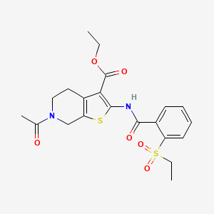 molecular formula C21H24N2O6S2 B2966668 Ethyl 6-acetyl-2-(2-(ethylsulfonyl)benzamido)-4,5,6,7-tetrahydrothieno[2,3-c]pyridine-3-carboxylate CAS No. 886923-34-8