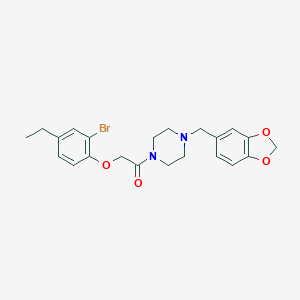 molecular formula C22H25BrN2O4 B296673 2-[4-(1,3-Benzodioxol-5-ylmethyl)-1-piperazinyl]-2-oxoethyl 2-bromo-4-ethylphenyl ether 