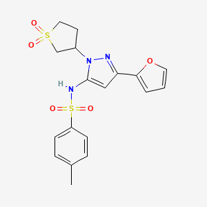 molecular formula C18H19N3O5S2 B2966731 N-(1-(1,1-二氧化四氢噻吩-3-基)-3-(呋喃-2-基)-1H-吡唑-5-基)-4-甲基苯磺酰胺 CAS No. 1170030-56-4