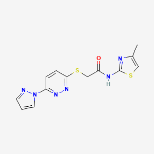 molecular formula C13H12N6OS2 B2966737 2-((6-(1H-pyrazol-1-yl)pyridazin-3-yl)thio)-N-(4-methylthiazol-2-yl)acetamide CAS No. 1351661-08-9