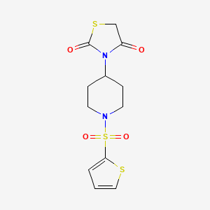 molecular formula C12H14N2O4S3 B2966780 3-(1-(噻吩-2-基磺酰基)哌啶-4-基)噻唑烷二酮-2,4-二酮 CAS No. 1798513-85-5