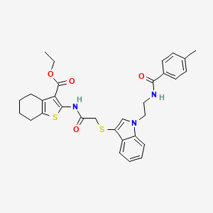 molecular formula C31H33N3O4S2 B2966817 Ethyl 2-[[2-[1-[2-[(4-methylbenzoyl)amino]ethyl]indol-3-yl]sulfanylacetyl]amino]-4,5,6,7-tetrahydro-1-benzothiophene-3-carboxylate CAS No. 532971-19-0