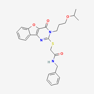 molecular formula C25H27N3O4S B2966827 N-benzyl-2-({4-oxo-3-[3-(propan-2-yloxy)propyl]-3,4-dihydro[1]benzofuro[3,2-d]pyrimidin-2-yl}sulfanyl)acetamide CAS No. 900004-37-7