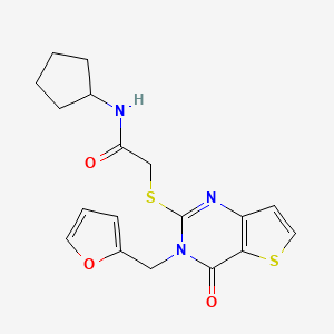 molecular formula C18H19N3O3S2 B2966856 N-cyclopentyl-2-{[3-(furan-2-ylmethyl)-4-oxo-3,4-dihydrothieno[3,2-d]pyrimidin-2-yl]sulfanyl}acetamide CAS No. 1326911-32-3