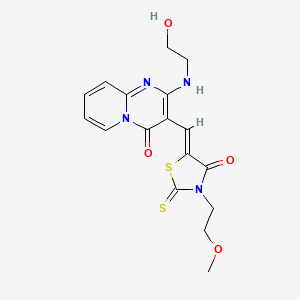 molecular formula C17H18N4O4S2 B2966913 2-[(2-羟乙基)氨基]-3-{(Z)-[3-(2-甲氧乙基)-4-氧代-2-硫代-1,3-噻唑烷-5-亚甲基]甲基}-4H-吡啶并[1,2-a]嘧啶-4-酮 CAS No. 381181-38-0