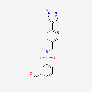 molecular formula C18H18N4O3S B2966923 3-acetyl-N-((6-(1-methyl-1H-pyrazol-4-yl)pyridin-3-yl)methyl)benzenesulfonamide CAS No. 2034523-36-7