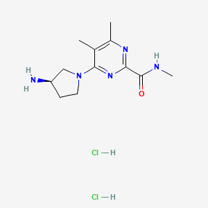 molecular formula C12H21Cl2N5O B2966929 4-[(3R)-3-Aminopyrrolidin-1-yl]-N,5,6-trimethylpyrimidine-2-carboxamide;dihydrochloride CAS No. 2377004-67-4