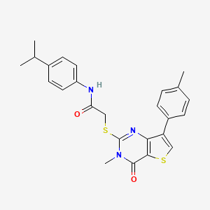 molecular formula C25H25N3O2S2 B2967029 2-{[3-methyl-7-(4-methylphenyl)-4-oxo-3,4-dihydrothieno[3,2-d]pyrimidin-2-yl]sulfanyl}-N-[4-(propan-2-yl)phenyl]acetamide CAS No. 1114919-53-7