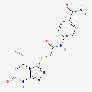 molecular formula C17H18N6O3S B2967066 4-(2-((7-Oxo-5-propyl-7,8-dihydro-[1,2,4]triazolo[4,3-a]pyrimidin-3-yl)thio)acetamido)benzamide CAS No. 895005-55-7