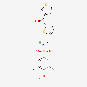molecular formula C19H19NO4S3 B2967072 4-methoxy-3,5-dimethyl-N-((5-(thiophene-3-carbonyl)thiophen-2-yl)methyl)benzenesulfonamide CAS No. 1797141-49-1