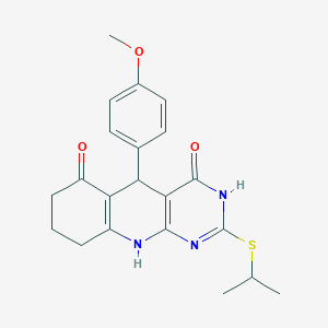molecular formula C21H23N3O3S B2967079 2-(isopropylthio)-5-(4-methoxyphenyl)-7,8,9,10-tetrahydropyrimido[4,5-b]quinoline-4,6(3H,5H)-dione CAS No. 627046-36-0