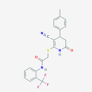 molecular formula C22H18F3N3O2S B296709 2-{[3-cyano-4-(4-methylphenyl)-6-oxo-1,4,5,6-tetrahydro-2-pyridinyl]sulfanyl}-N-[2-(trifluoromethyl)phenyl]acetamide 