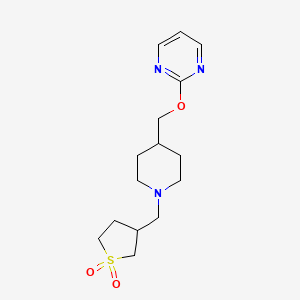 molecular formula C15H23N3O3S B2967107 3-[[4-(Pyrimidin-2-yloxymethyl)piperidin-1-yl]methyl]thiolane 1,1-dioxide CAS No. 2415622-22-7