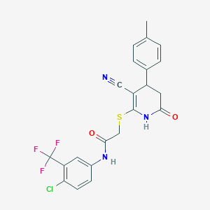 molecular formula C22H17ClF3N3O2S B296711 N-[4-chloro-3-(trifluoromethyl)phenyl]-2-{[3-cyano-4-(4-methylphenyl)-6-oxo-1,4,5,6-tetrahydro-2-pyridinyl]sulfanyl}acetamide 