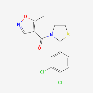 molecular formula C14H12Cl2N2O2S B2967110 (2-(3,4-Dichlorophenyl)thiazolidin-3-yl)(5-methylisoxazol-4-yl)methanone CAS No. 2034614-73-6