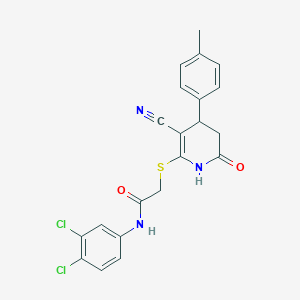 molecular formula C21H17Cl2N3O2S B296712 2-{[3-cyano-4-(4-methylphenyl)-6-oxo-1,4,5,6-tetrahydro-2-pyridinyl]sulfanyl}-N-(3,4-dichlorophenyl)acetamide 