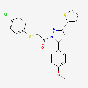 molecular formula C22H19ClN2O2S2 B2967135 2-((4-氯苯基)硫代)-1-(5-(4-甲氧基苯基)-3-(噻吩-2-基)-4,5-二氢-1H-吡唑-1-基)乙酮 CAS No. 403843-23-2