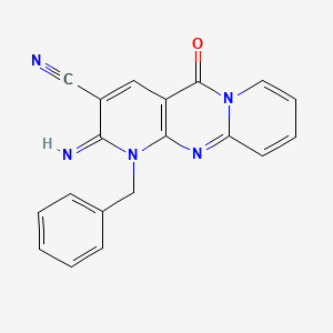 molecular formula C19H13N5O B2967169 1-Benzyl-2-imino-10-oxo-1,10-dihydro-2H-1,9,10a-triaza-anthracene-3-carbonitrile CAS No. 496799-83-8