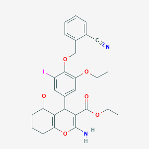 molecular formula C28H27IN2O6 B296718 ethyl 2-amino-4-{4-[(2-cyanobenzyl)oxy]-3-ethoxy-5-iodophenyl}-5-oxo-5,6,7,8-tetrahydro-4H-chromene-3-carboxylate 