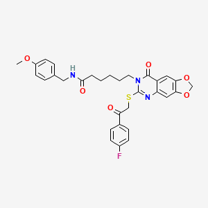 molecular formula C31H30FN3O6S B2967247 6-(6-((2-(4-氟苯基)-2-氧代乙基)硫代)-8-氧代-[1,3]二氧杂[4,5-g]喹唑啉-7(8H)-基)-N-(4-甲氧基苄基)己酰胺 CAS No. 688060-84-6