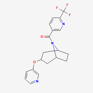 molecular formula C19H18F3N3O2 B2967256 ((1R,5S)-3-(pyridin-3-yloxy)-8-azabicyclo[3.2.1]octan-8-yl)(6-(trifluoromethyl)pyridin-3-yl)methanone CAS No. 2108284-91-7