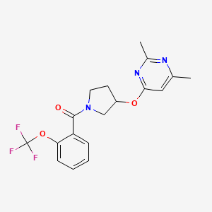 molecular formula C18H18F3N3O3 B2967296 2,4-Dimethyl-6-({1-[2-(trifluoromethoxy)benzoyl]pyrrolidin-3-yl}oxy)pyrimidine CAS No. 2097932-19-7