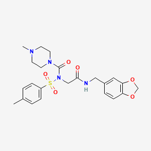 molecular formula C23H28N4O6S B2967304 N-(2-((benzo[d][1,3]dioxol-5-ylmethyl)amino)-2-oxoethyl)-4-methyl-N-tosylpiperazine-1-carboxamide CAS No. 899744-72-0