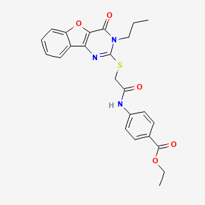 molecular formula C24H23N3O5S B2967316 Ethyl 4-(2-((4-oxo-3-propyl-3,4-dihydrobenzofuro[3,2-d]pyrimidin-2-yl)thio)acetamido)benzoate CAS No. 900003-74-9