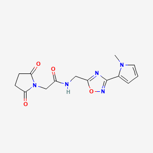 molecular formula C14H15N5O4 B2967340 2-(2,5-dioxopyrrolidin-1-yl)-N-((3-(1-methyl-1H-pyrrol-2-yl)-1,2,4-oxadiazol-5-yl)methyl)acetamide CAS No. 2034547-83-4