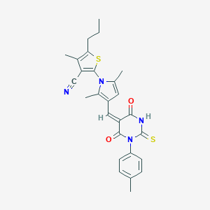 molecular formula C27H26N4O2S2 B296738 2-(2,5-dimethyl-3-{(E)-[1-(4-methylphenyl)-4,6-dioxo-2-thioxotetrahydropyrimidin-5(2H)-ylidene]methyl}-1H-pyrrol-1-yl)-4-methyl-5-propylthiophene-3-carbonitrile 