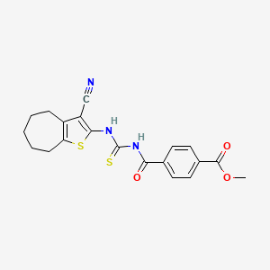 molecular formula C20H19N3O3S2 B2967397 methyl 4-[(3-cyano-5,6,7,8-tetrahydro-4H-cyclohepta[b]thiophen-2-yl)carbamothioylcarbamoyl]benzoate CAS No. 477509-12-9