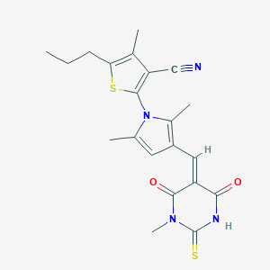 molecular formula C21H22N4O2S2 B296741 2-{2,5-dimethyl-3-[(1-methyl-4,6-dioxo-2-thioxotetrahydro-5(2H)-pyrimidinylidene)methyl]-1H-pyrrol-1-yl}-4-methyl-5-propyl-3-thiophenecarbonitrile 