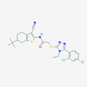 molecular formula C25H27Cl2N5OS2 B296742 N-(6-tert-butyl-3-cyano-4,5,6,7-tetrahydro-1-benzothien-2-yl)-2-{[5-(2,4-dichlorophenyl)-4-ethyl-4H-1,2,4-triazol-3-yl]sulfanyl}acetamide 