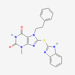 molecular formula C21H18N6O2S B2967443 8-(1H-Benzoimidazol-2-ylsulfanyl)-3-methyl-7-phenethyl-3,7-dihydro-purine-2,6-dione CAS No. 672323-50-1