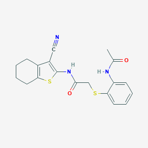 molecular formula C19H19N3O2S2 B296746 2-{[2-(acetylamino)phenyl]sulfanyl}-N-(3-cyano-4,5,6,7-tetrahydro-1-benzothien-2-yl)acetamide 