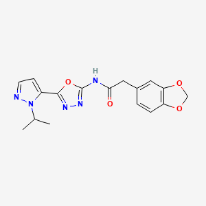 molecular formula C17H17N5O4 B2967488 2-(benzo[d][1,3]dioxol-5-yl)-N-(5-(1-isopropyl-1H-pyrazol-5-yl)-1,3,4-oxadiazol-2-yl)acetamide CAS No. 1170491-56-1