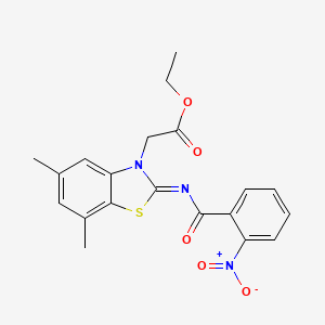 molecular formula C20H19N3O5S B2967558 Ethyl 2-[5,7-dimethyl-2-(2-nitrobenzoyl)imino-1,3-benzothiazol-3-yl]acetate CAS No. 1322220-12-1